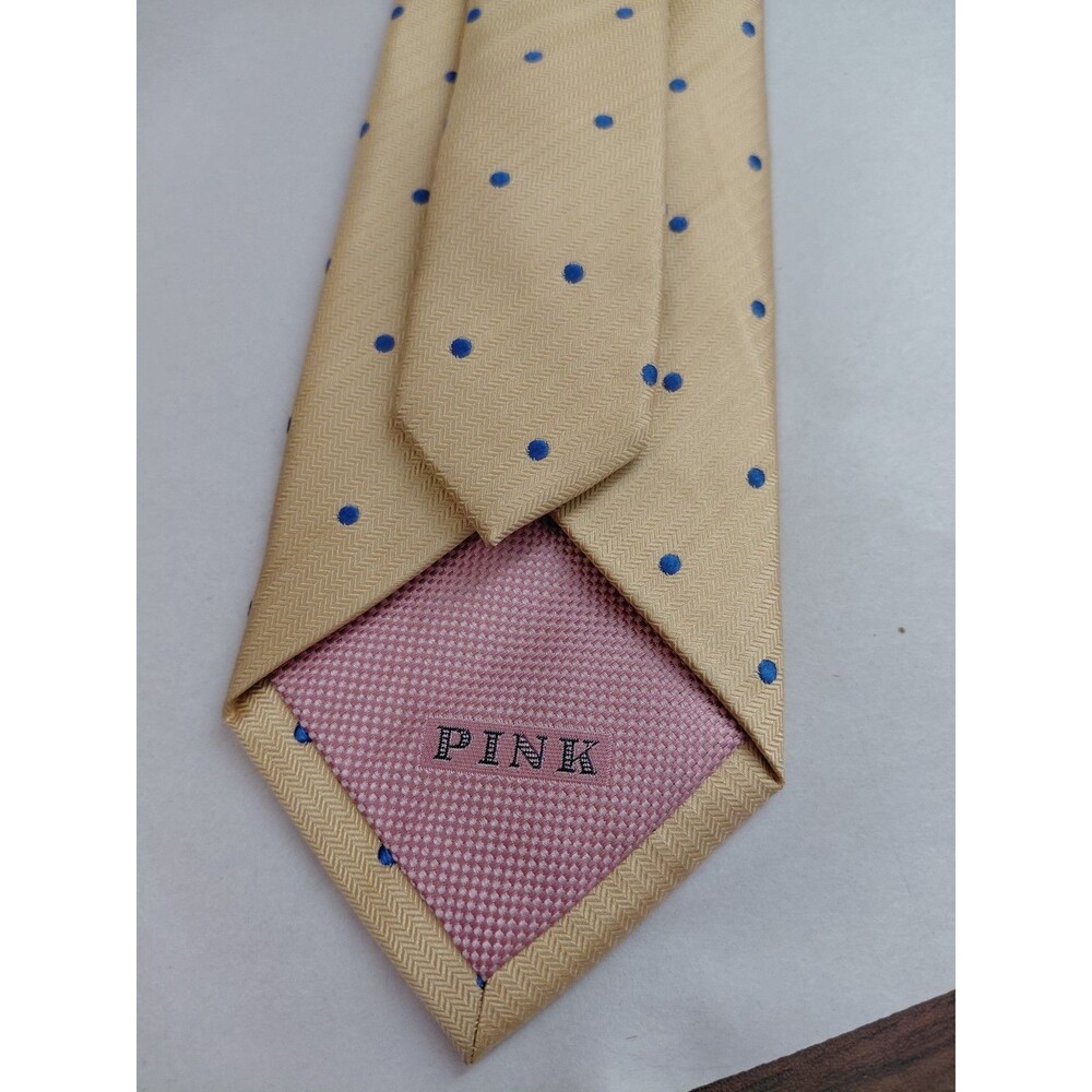 Thomas Pink Yellow Silk Tie Woven in England 3"x58" Blue Dot Pattern - Picture 4 of 7